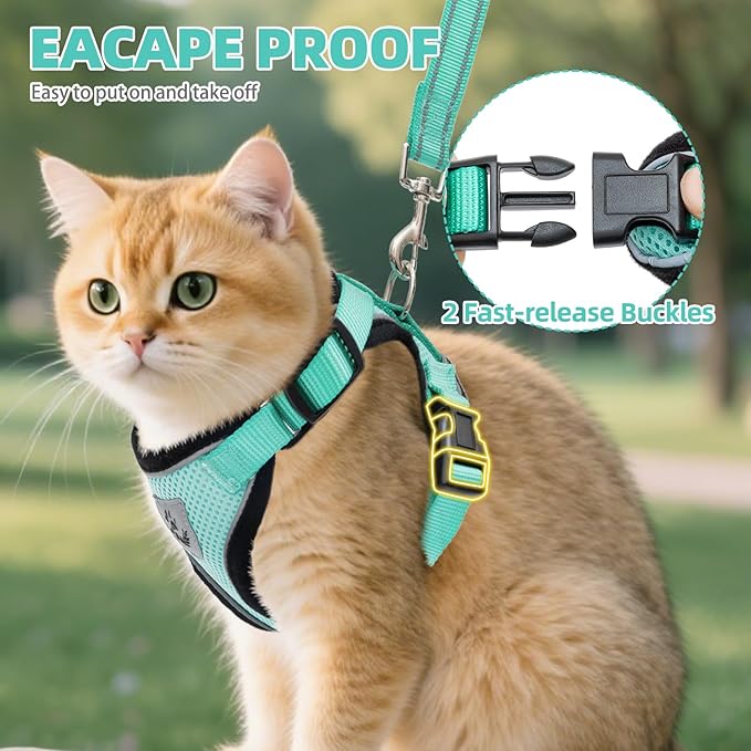 PUPTECK Cat Harness and Leash Set Escape Proof Reflective Cat Walking Harness Adjustable Soft Breathable Mesh Vest for Small Pets, Aquamarine, S