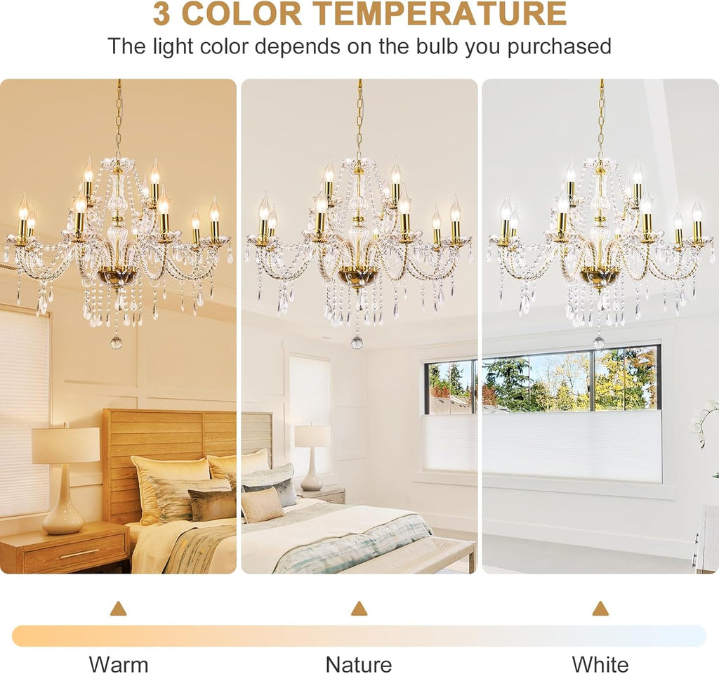 Modern Elegant 10 Lights K9 Crystal Glass Chandelier Golden Pendant Ceiling Lighting European Style for Dining Living Room Bedroom Transparent, 10 E12 Bulbs Required