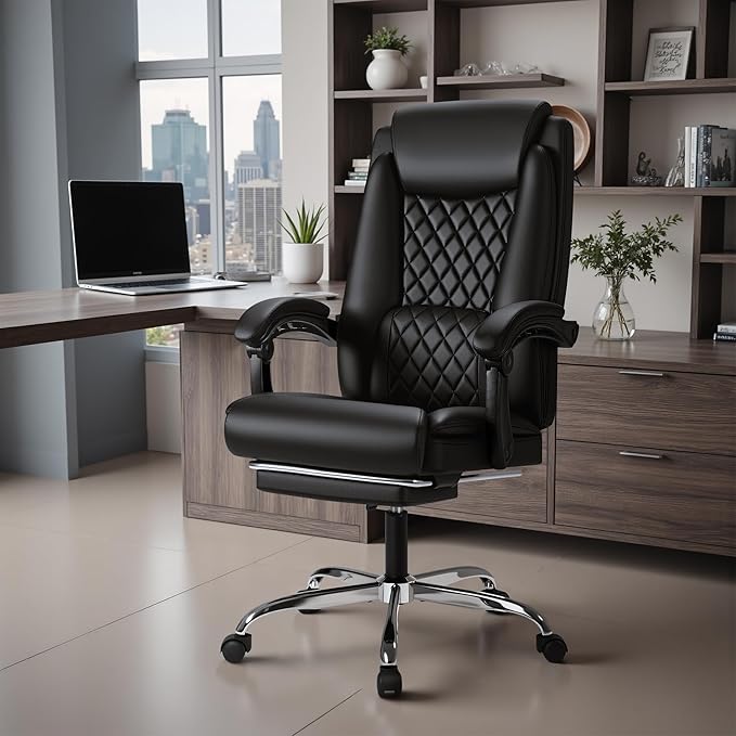 Furmax Office Chair with Footrest Ergonomic High Back Design Executive Computer Desk Chair400lbs, 90-135° Reclining Leather Home Office Desk Chairs Swivel Task Chairs with Wheels(Black)