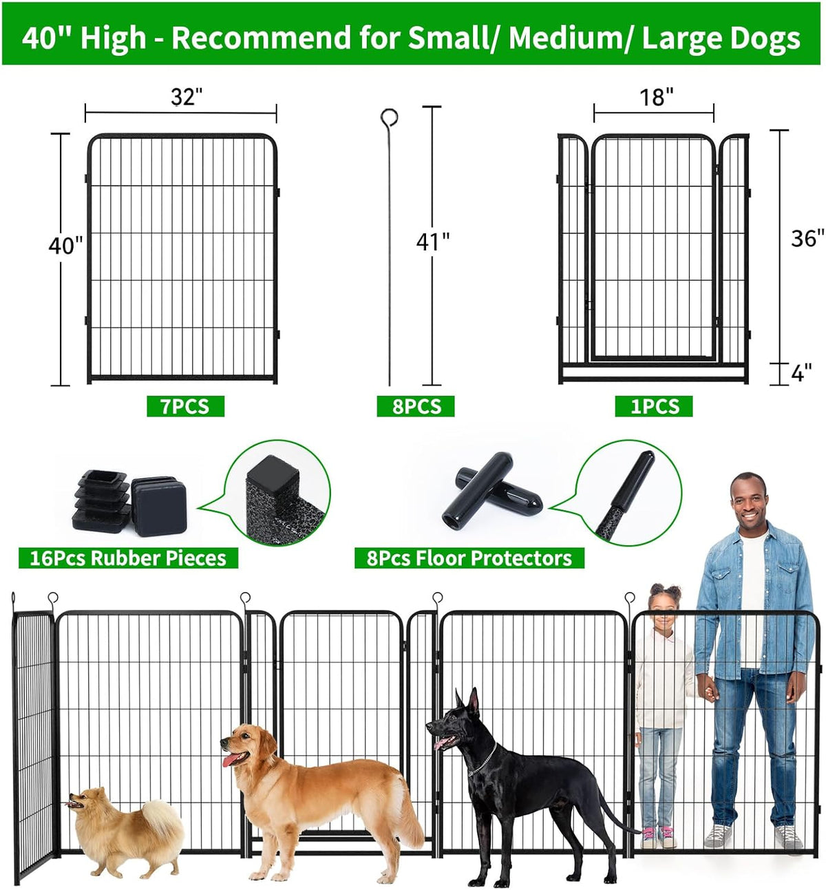 Dog Playpen Outdoor Extra Wide 8 Panels Heavy Duty Dog Fence 40" Height Anti-Rust with Doors Portable for RV Camping Yard, Total 21FT, 35 Sq.ft, Snowy Black