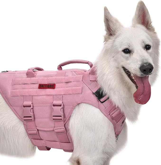 OneTigris Large Tactical Dog Harness, No Pulling Adjustable Dog Vest Harness, Heavy Duty Dog Harness with Handle, Large Hook and Loop Panels for Patch(Pink,S)