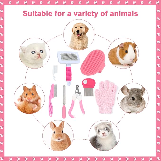 VCZONE Pink Small Animal Grooming Kit with Nail Clipper, Flea Comb, Shampoo Brush, Slicker Brush, Massage Glove for Rabbits