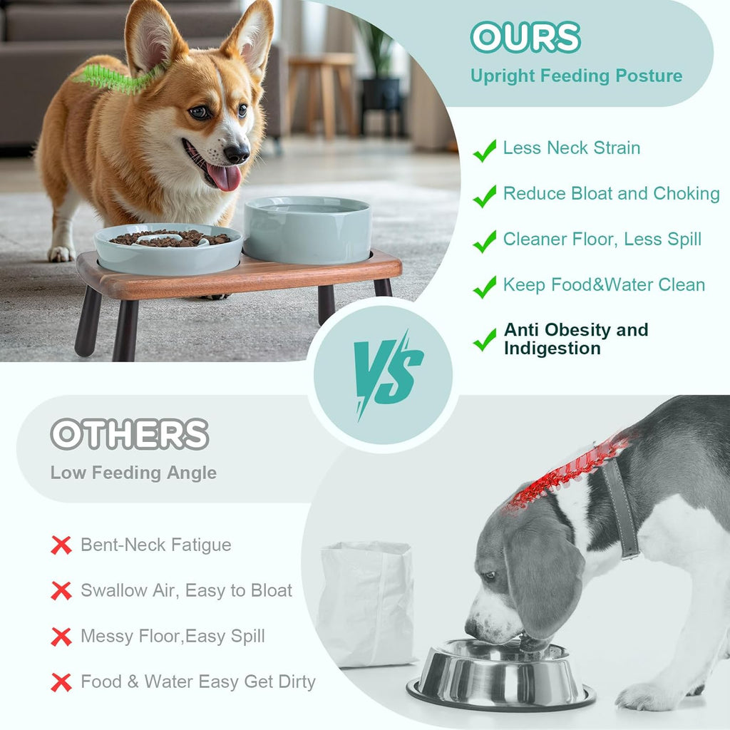 SPUNKYJUNKY Ceramic Elevated Dog Bowls with Slow Feeder Raised with Acacia Bamboo Wooden Stand, 6.1'' Dog and Cat Food Water Bowls Set Non-Slip for Small Medium Sized Breed - Light Green
