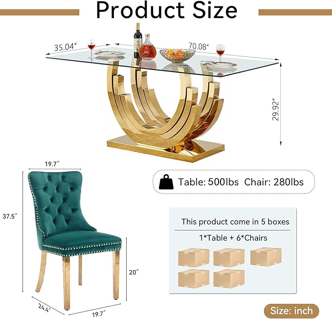 7 Piece Dining Table Set with 6 Green Dining Chairs, Modern Glass Kitchen Table and Chairs Set for 6, 70" Rectangle Gold Glass Pedestal Dining Room Tables with Ring-Shape Stainless Steel Base