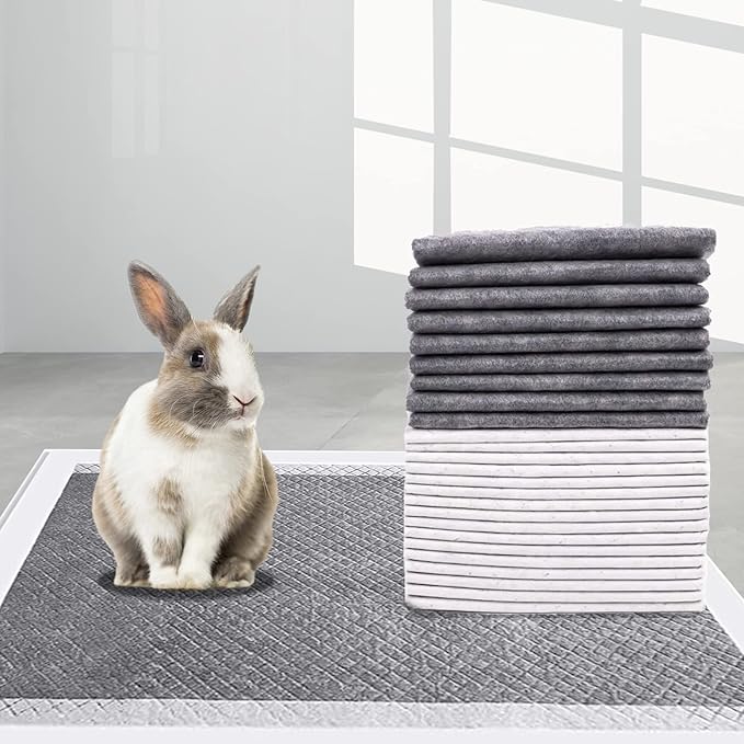 PINVNBY Rabbit Pee Pads 23.62"x17.72" Disposable Cat Cage Liners Black Carbon Super Absorbent Odor-Control,Bunny Potty Training Pad with Quick-Dry Surface for Puppy Kitten Hamsters Dog(50 Pieces)