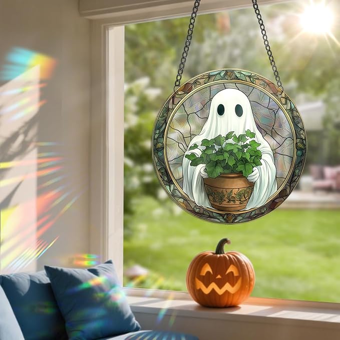 Halloween Sun Catcher - 8 Inch Round Suncatcher for Window Hanging Decoration - Creates Indoor Rainbows Light Refraction - Spooky Ghost, Witch, Pumpkin Design - Suction Cup Hook & Chain