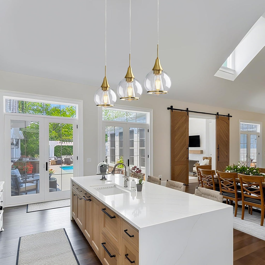 Pendant Light Fixtures Kitchen: Brushed Gold Farmhouse Island Light with Clear Glass - 6 Inch Mid Century Globe Kitchen Lighting Chandeliers Ceiling for Dining Room