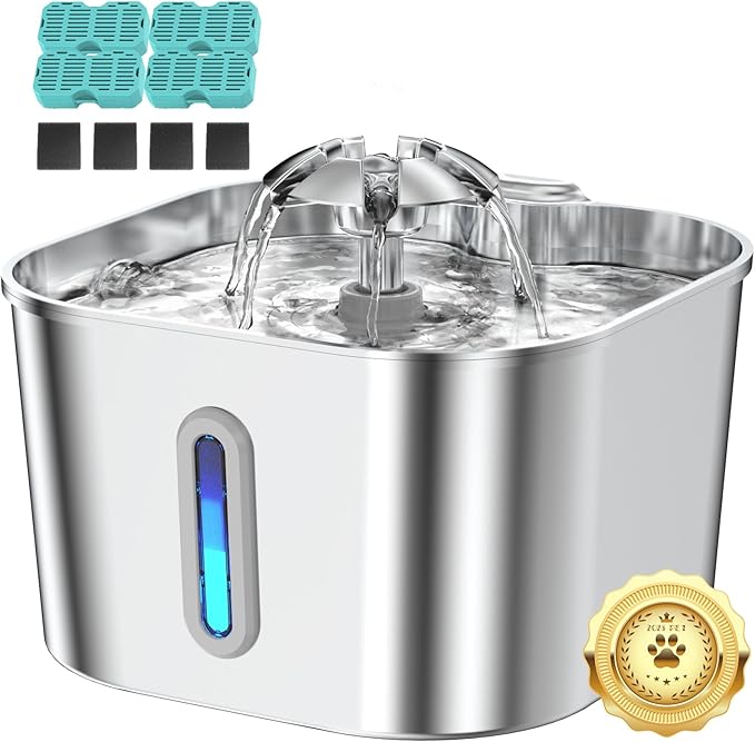 Cat Water Fountain Stainless Steel with 4 Filters & 4 Sponges, 74oz/2.2L Cat Fountain with Quiet Pump, Automatic Pet Water Dispenser, Ideal for Multi-pet Homes, Fresh & Clean Water for Cats and Dogs