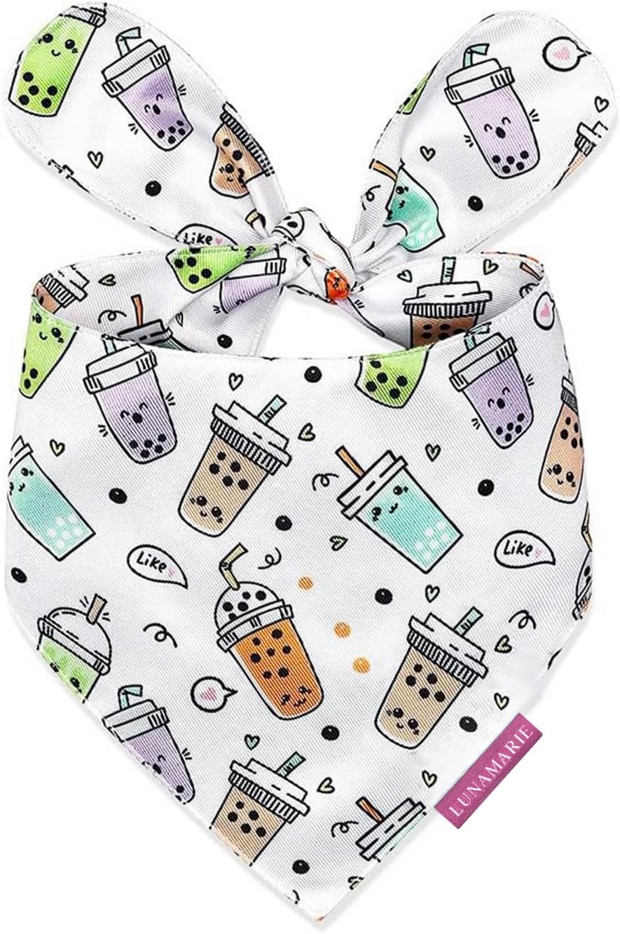 LunaMarie - Luxury Pet Birthday Bandanas -Premium & Silky Poly Fabric | 100% Handmade | Custom Shape Dual Layered (Boba, Small)