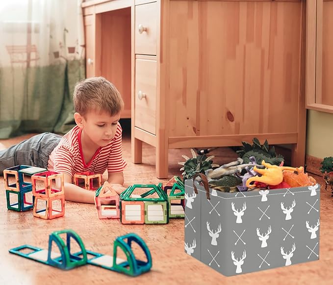 HIYAGON Baby Basket Cute Toy Bin for Boys and Girls Kids Storage Bin Organizer Box Gift Basket Empty Rectangular Deer Room Decor for Home(Grey deers)