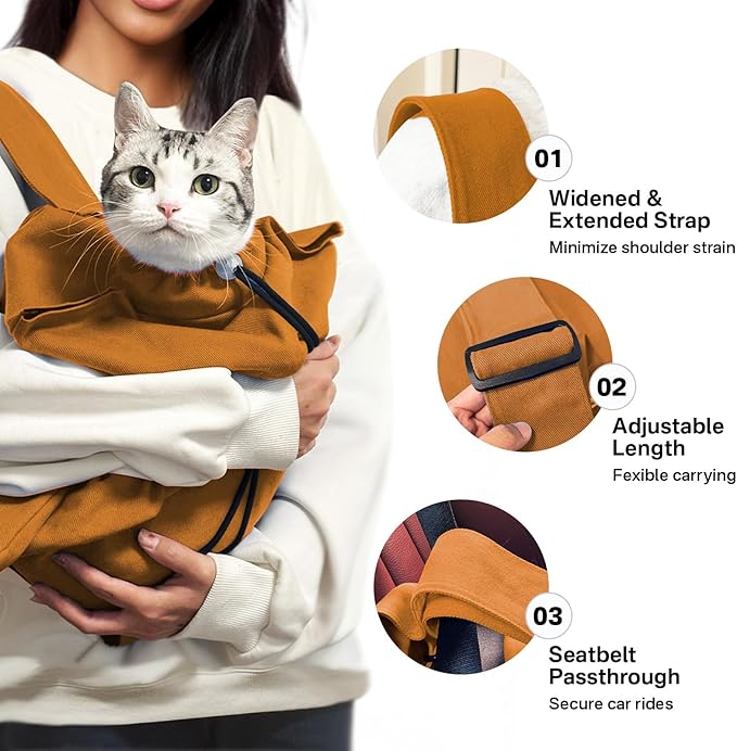 [Cozy Travel] Cat Carrier Pouch, Soft Sided Cat Sling Bag for Small Medium Cats, Carrying Sack, Restraint for Nail Trimming, Grooming,Caramel Small Upgrade