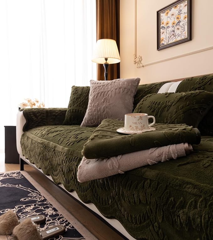 Green Fuzzy Rabbit Plush Sofa Cover Cozy Warm Sofa Couch Covers with 3D Jacquard Leaf Pattern Non-Slip Easy-to-Install Shaggy Sofa Slipcover Prefect for Kids Dogs Cats Cats(Green,36"x94")