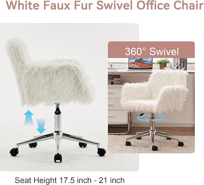 Goujxcy Fluffy Desk Chair, White Faux Fur Vanity Chair Swivel Office Chair for Girls Women, Height Adjustable Cute Plush Furry Makeup Chairs for Bedroom Home Office