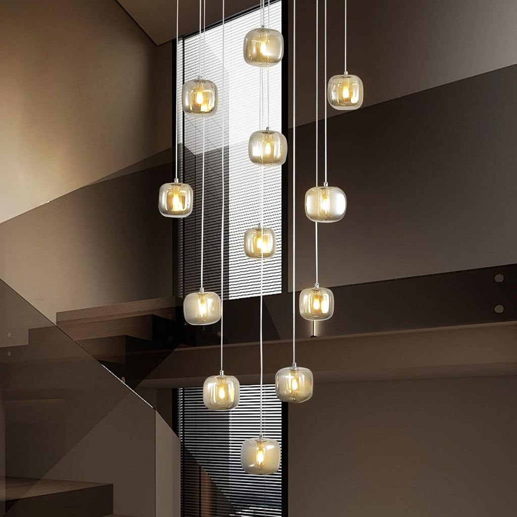 Flush Mount Chandelier,Crystal Pendant Light with 12 G9 LED Bulbs,Chandelier Hanging Flush Mount Lighting Fixtures for Spiral Staircase,Foyer,Entryway,Living Room(12 Lights,3000K)