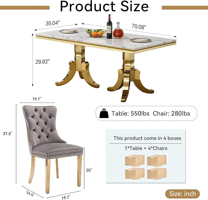 Goujxcy Faux Marble Dining Table Set for 4, Modern 5-Piece Dining Table Set with 4 Velvet Upholstered Chairs, 70" Large Long Faux Marble Kitchen Dining Room Table and Chairs with Stainless Steel Legs