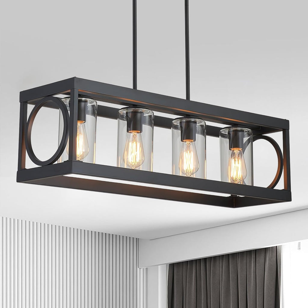 XINGQI Black Kitchen Island Light Fixtures Over Table, 31.5" Rectangular Linear Chandeliers Farmhouse Dining Room Pendant Ceiling 4-Light with Glass Lampshade for Living Room Bar Office