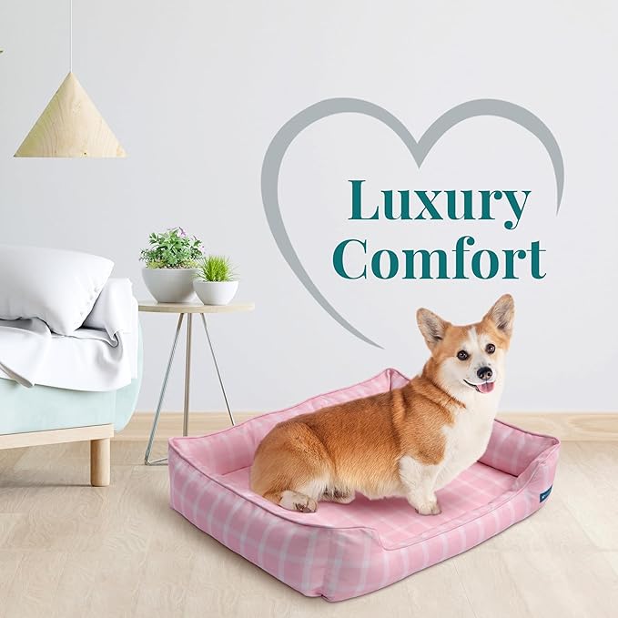 Orthopedic Bolster Dog Bed – CertiPUR-US Foam, Recycled Polyester Canvas, Washable Cover, Anti-Slip Bottom, Large, Pink Check – Stylish Designer Dog Sofa