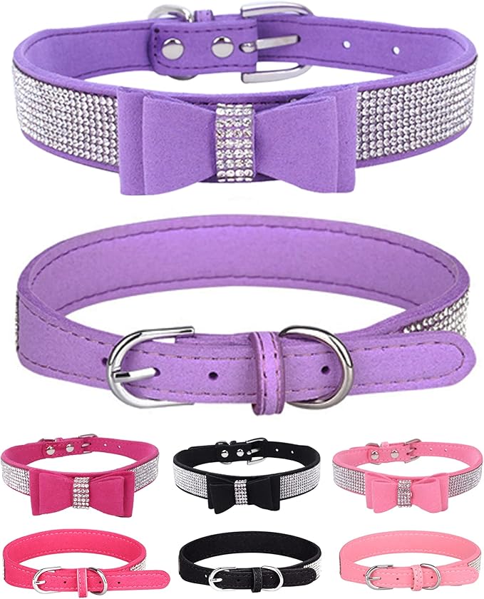 Bling Rhinestone Dog Collars for Small to Large Dogs, Adjustable Leather Suede SOFE Cat Collar (L(15"-18.1"/38CM-46CM), Purple)