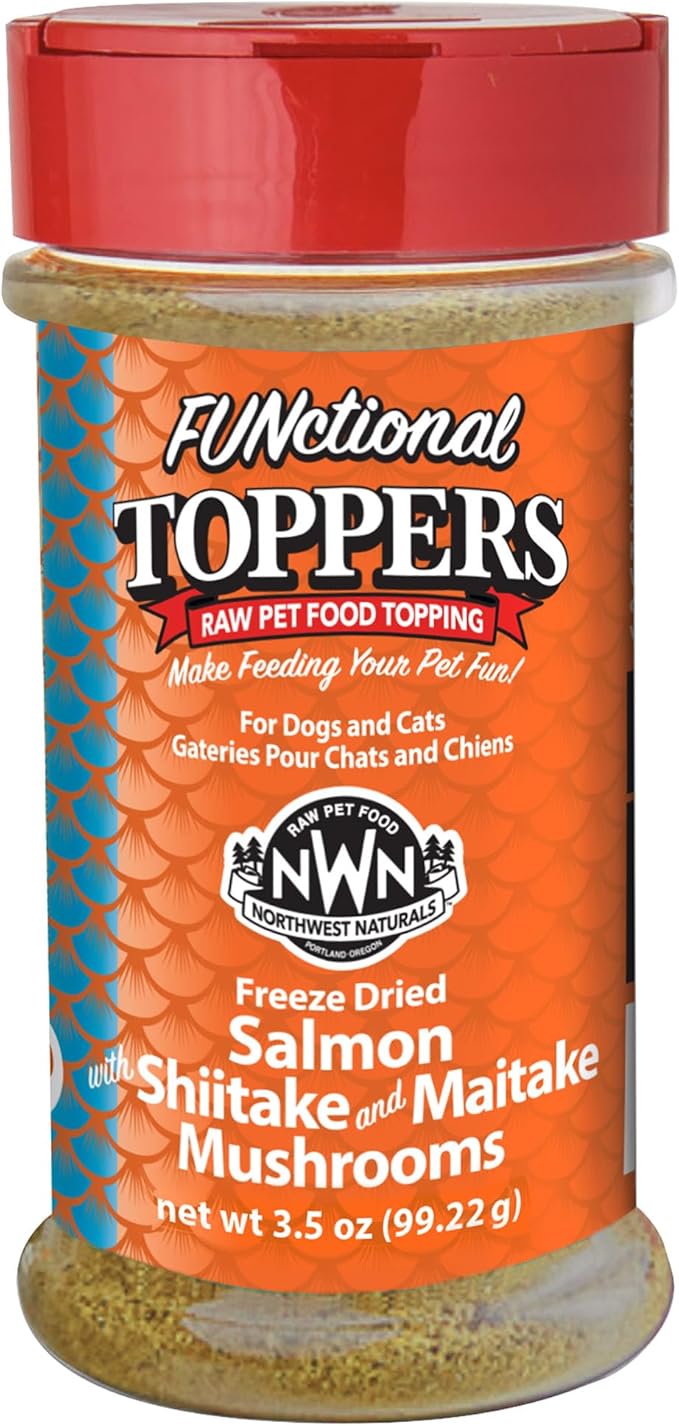 Northwest Naturals Freeze-Dried Salmon, Shiitake & Maitake Mushrooms Functional Topper - for Dogs & Cats - Healthy, Limited, Human Grade Ingredients, All Natural, Made in USA, 3.5 Oz (Pack of 1)
