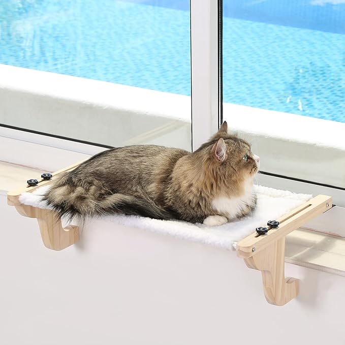 Zakkart Easy Seat Cat Perch for Window Sill - Hammock Design w/Pine Wood & Robust Metal Frame - Cat Window Seat for Large Cats and Kittens (Natural Color Wood w/White Bed, Medium (23''W x 14''D))