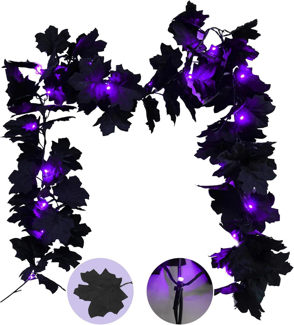 suddus 20 LED Halloween String Lights Battery Operated with Black Maple Leaves 6.5 ft Halloween Garland Decor for Yard, Porch, Table, Wall, Party, Indoor and Outdoor Decorations
