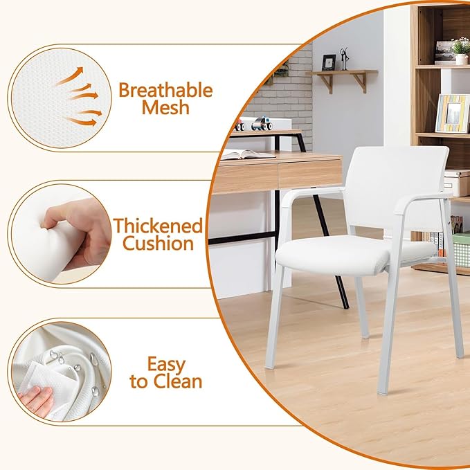 CLATINA Stacking Office Chairs | Mesh Back, Thicken Leather Seat and Arms, Ergonomic Lumber Support | Guest Reception, Waiting, Conference, School, Party, Customer, Side, Stationary | Set of 8, White