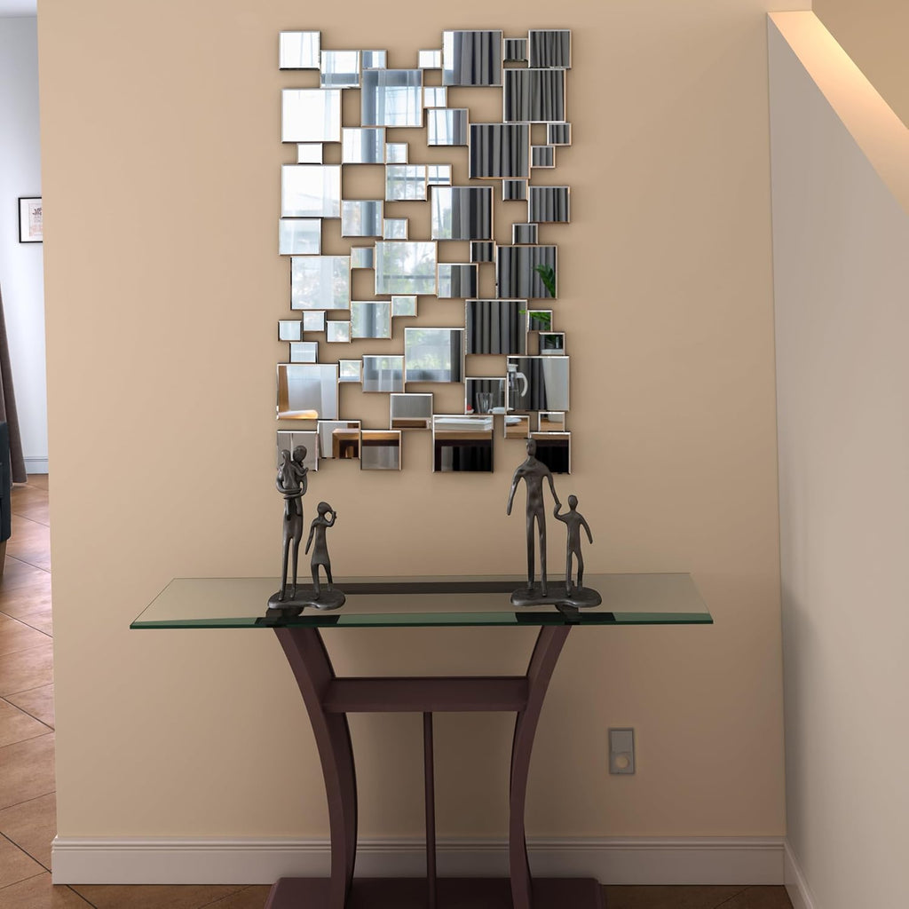 KOHROS Large Silver Wall Mirrors Decorative 48×32 Inch Modern Art Geometric Patchwork Mirror for Wall Decor, Living Room & Entryway Decor, 3D Space - Extending Wall - Mounted Mirror