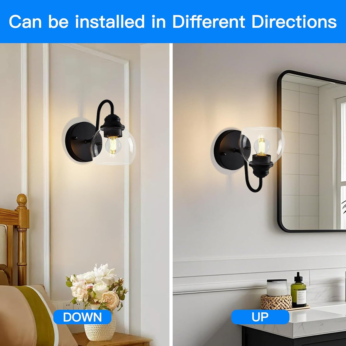 Farmhouse Gooseneck Wall Sconces Set of Two, Bathroom Vintage Black Vanity Light, Rustic Indoor Wall Light Fixtures with Clear Glass for Bathroom Beside Mirror Living Room Hallway