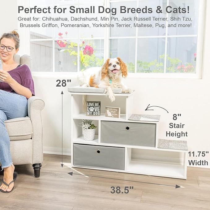 PetFusion Pet Step Window Perch Bookshelf w/ Storage Baskets 28” Tall Dog and Cat Perch, 8” Stair Height Multi-Functional Modern Furniture w/ Carpeted Step Pads & 1” Thick Premium Foam Pad