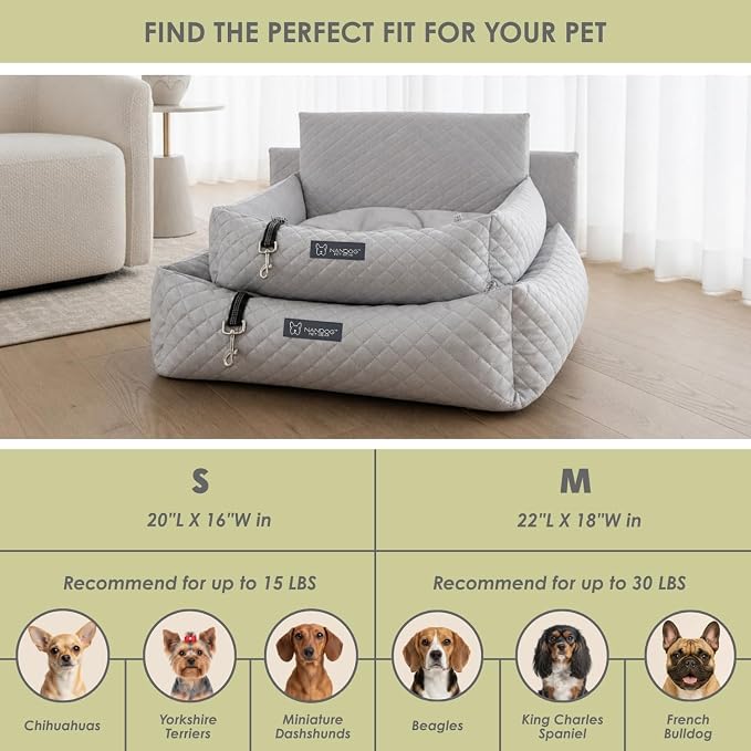 NANDOG Luxury Dog Car Seat Bed for Small Dogs, Soft Micro Plush Pet Seat with Removable & Washable Cushion Insert, Thick Safety Seatbelt Straps, Secure Travel Carrier, Light Grey, 20" L x 16" W