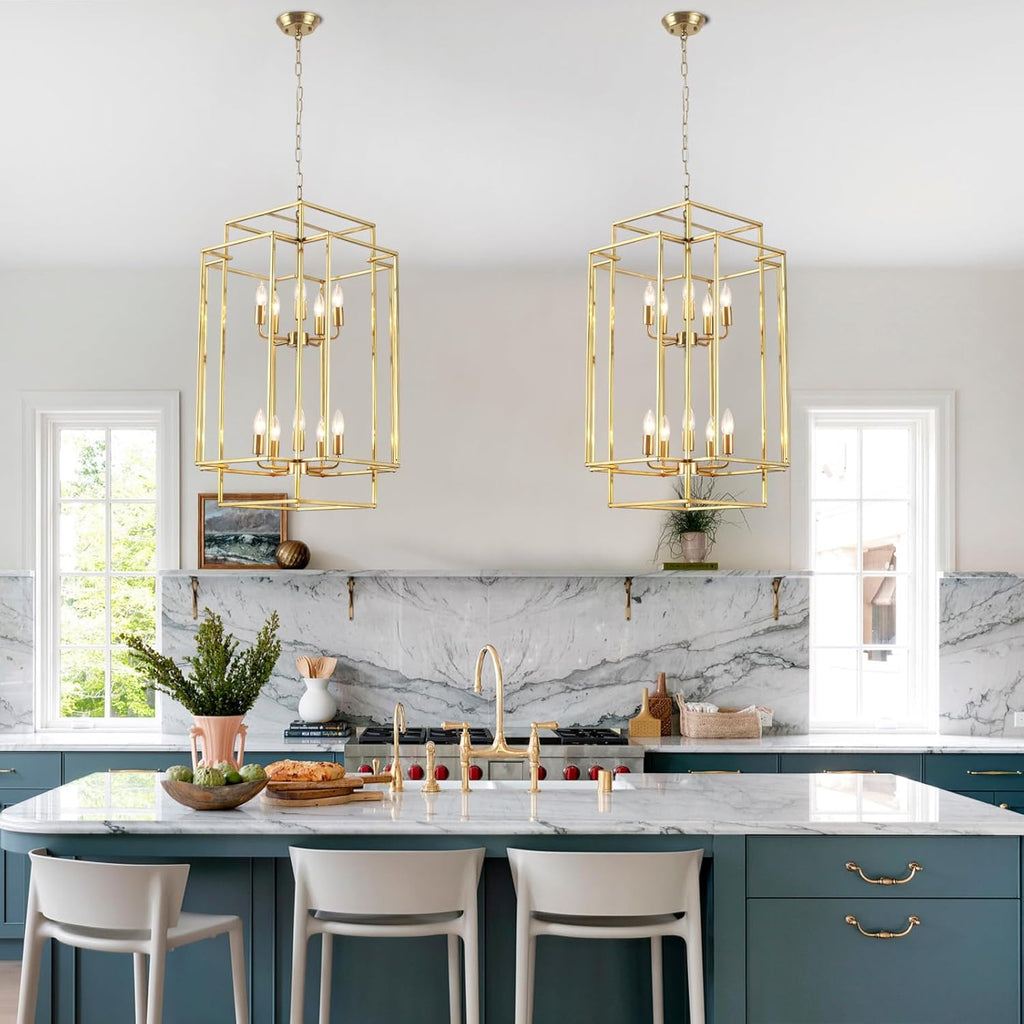 30" Farmhouse Gold Chandelier, 10-Light Foyer Lighting Fixtures, Lantern Tiered Pendant Light Fixtures, Metal Rustic High Ceiling Chandelier for Dining Room Entryway Staircase