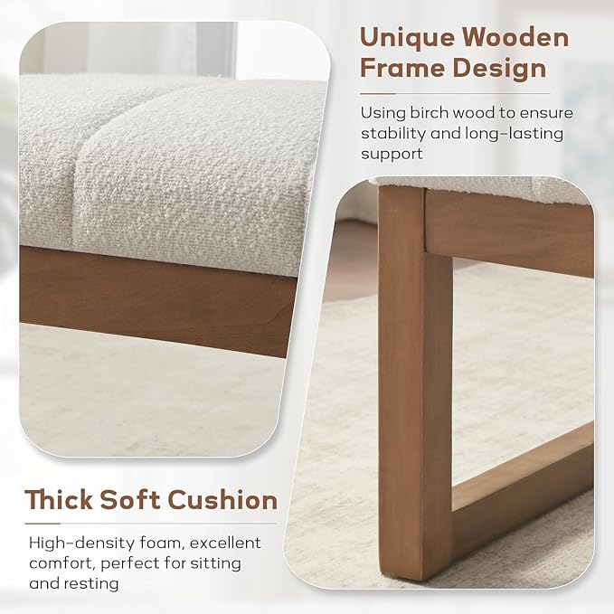 52.7" Bedroom Bench for End of Bed, Modern Upholstered Teddy Fabric Entryway Bench & Dining Bench, Footrest Stool Bench with Solid Wood Frame for Bedroom, Living Room (Beige)