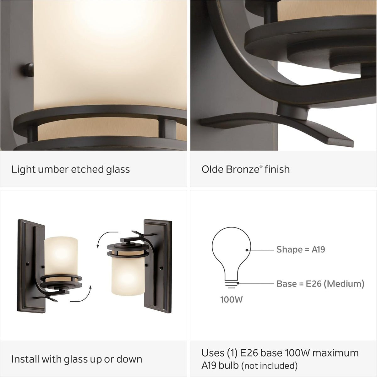 Kichler Hendrik 12” Wall Light Fixture in Olde Bronze with Umber Etched Glass, 1-Light Wall Lamp for Bedroom or Living Room, 5076OZ