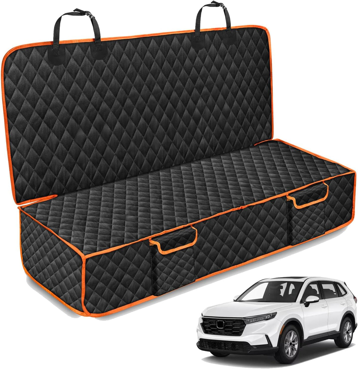XHRING Dog Car Seat Cover for Honda CRV HRV CR-V HR-V LX EX EX-L EX-L Navi Touring 2000-2025 Back Seat Accessories, Scratchproof Pet Bench Backseat Covers with Two Big Pockets - Black Orange