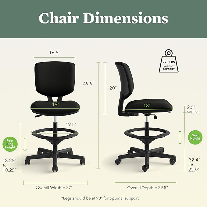 HON Volt Standing Desk Chair, Leather Office Chair with Foot Rest, Armless Drafting Stool, Ergonomic Recline and Center Tilt, for Computers, Offices, Work, Black
