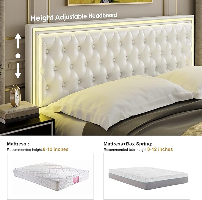Keyluv Full Upholstered LED Bed Frame with 4 Drawers, Pu Leather Platform Storage Bed with Adjustable Button Tufted Headboard and Solid Wooden Slats Support, No Box Spring Needed, White