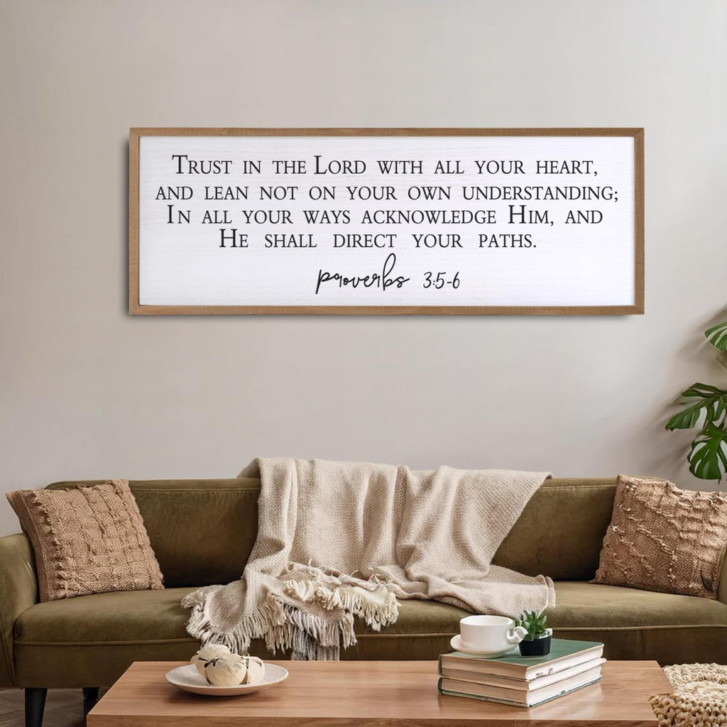 Trust in the Lord With All Thine Heart Wall Decor Art Bible Verse Sign Proverbs 3:5-6 Framed Wood 32X12 Inch For Scripture Christian Hanging (Wood)