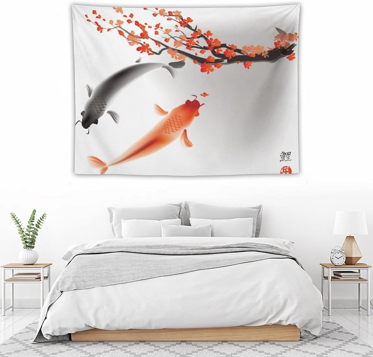 Japanese Koi Fish Tapestry, Cherry Blossoms Asian Oriental Flower Branch Koi Fish Carp Tapestries Wall Hanging for Bedroom Living Room Office Decor 40"x30"