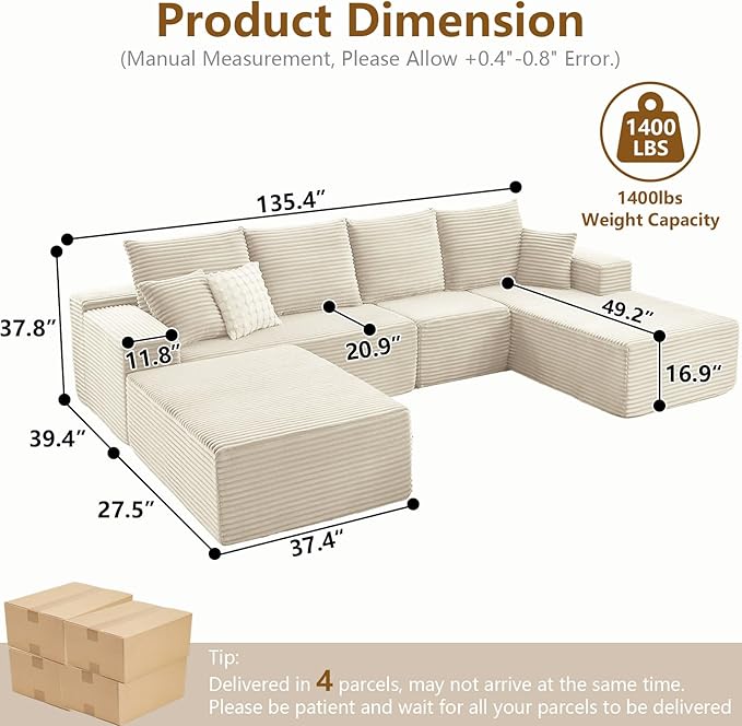 135" U-Shape Cloud Couch, Modern Modular Sectional Comfy L-Shape Sofa with Ottoman, Deep Seat, Upholstered Corduroy Sleeper Chaise Longue for Living Room Bedroom, No Assembly Required, White