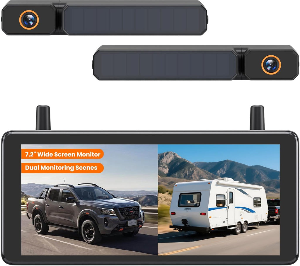 AUTO-VOX 2 Solar Wireless Backup Camera System with Two Cameras (License Plate & Portable): 7.2??1080P HD Dual Channel Monitor, IP69K Waterproof Back up Camera for Truck,RV,Camper,Horse/Boat Trailer