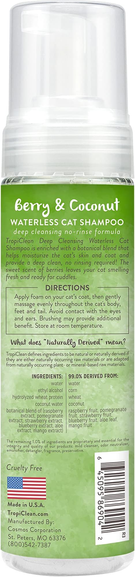 TropiClean Berry & Coconut Waterless Cat Shampoo | Deep Cleansing Dry Shampoo for Cats | Natural Cat Shampoo Derived from Natural Ingredients | Made in the USA | 7.4 oz.