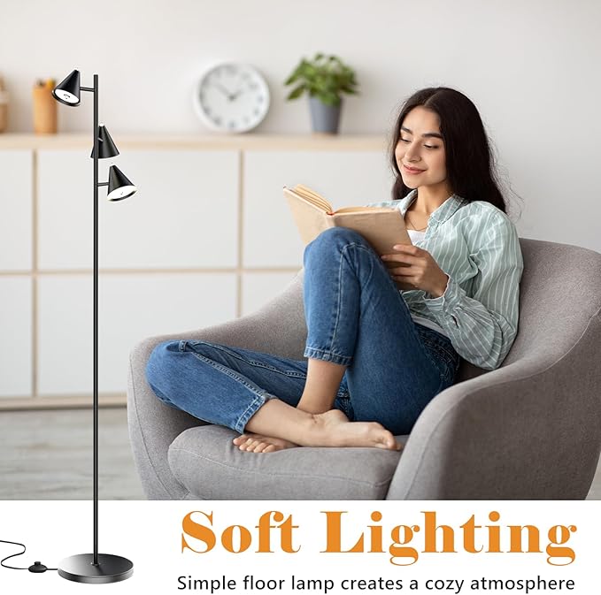 Tree Floor Lamp with Remote, Dimmable 3 Rotatable LED Lights, 5 Color Temperatures, 63" Modern Standing Lamp for Living Room, Bedroom, Office Reading Light