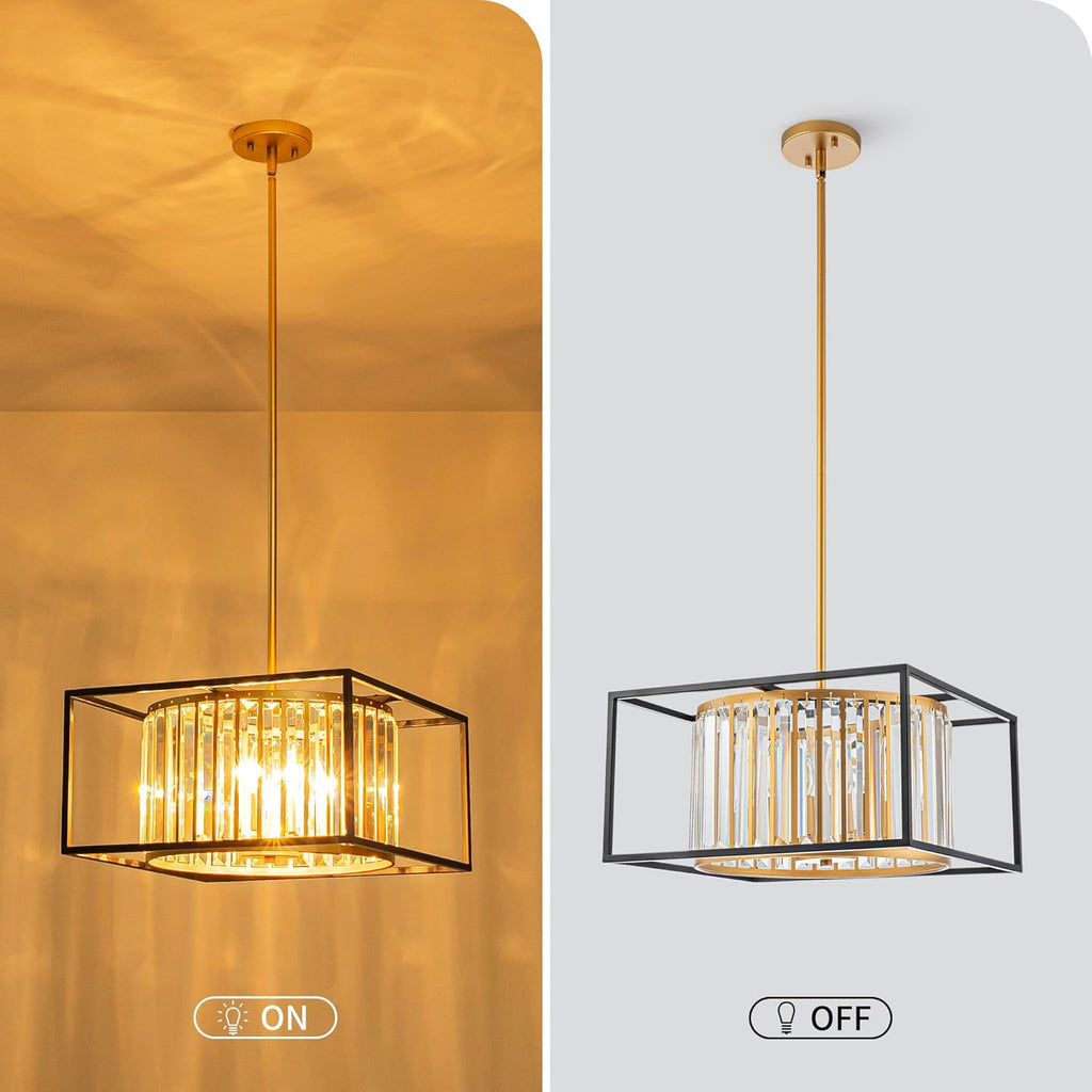 5-Lights K9 Crystal Chandelier, Modern Style Pendant Light Fixture for Dining Room, Bedroom & Living Room, Gold & Black Finish, L16.5 * W16.5 * H12~48 inch (Adjustable Height)