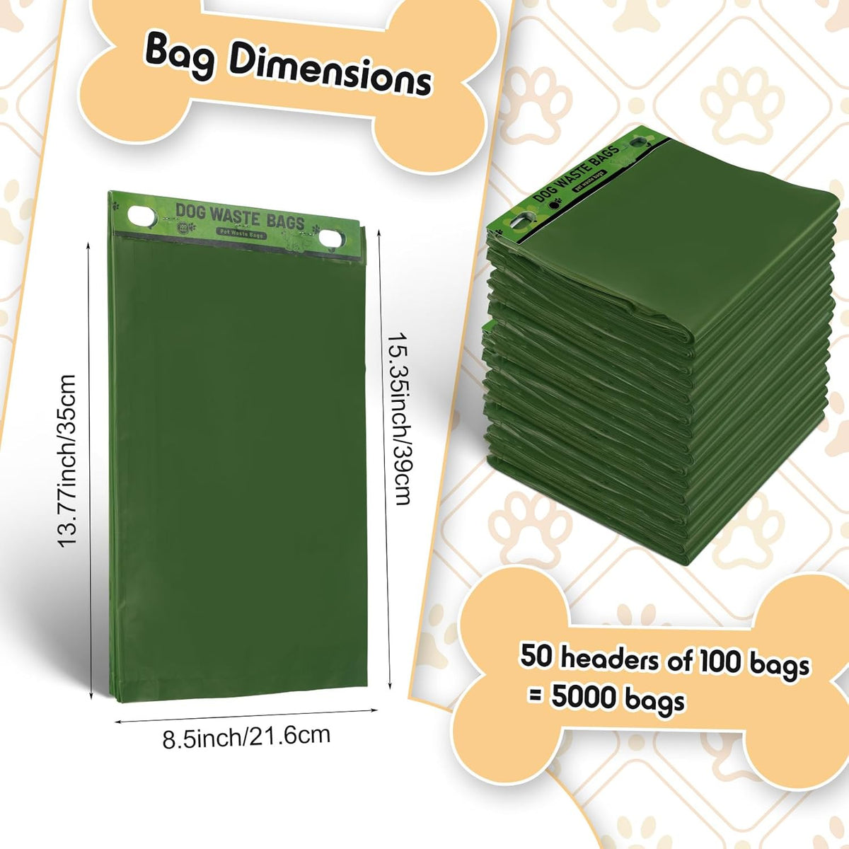 Ireer 5000 Pcs 50 Counts 5000 Pcs Header Bag Bulk Dog Pet Waste Bags Poop Easy Single Pull for Poop Dog Waste Station Fit Hang Hole Dispenser Home Outdoor (Green)