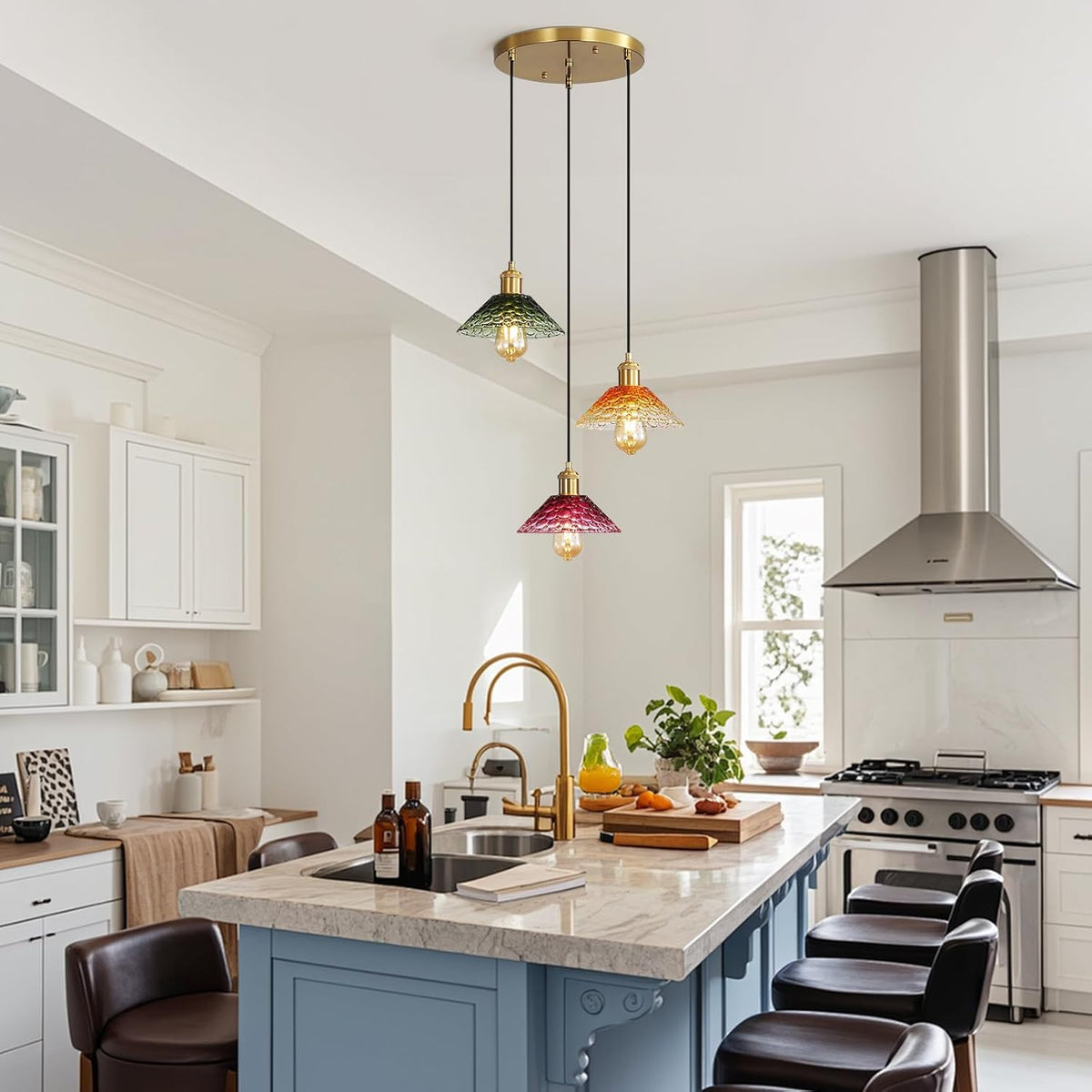 Glass Ceiling Chandelier,3-Light Colorful Hanging Pendant Light,Mid Century Modern Glass Pendant Light Fixture for Dining Room, Hallway, Living Room,Farmhouse,Kitchen Island