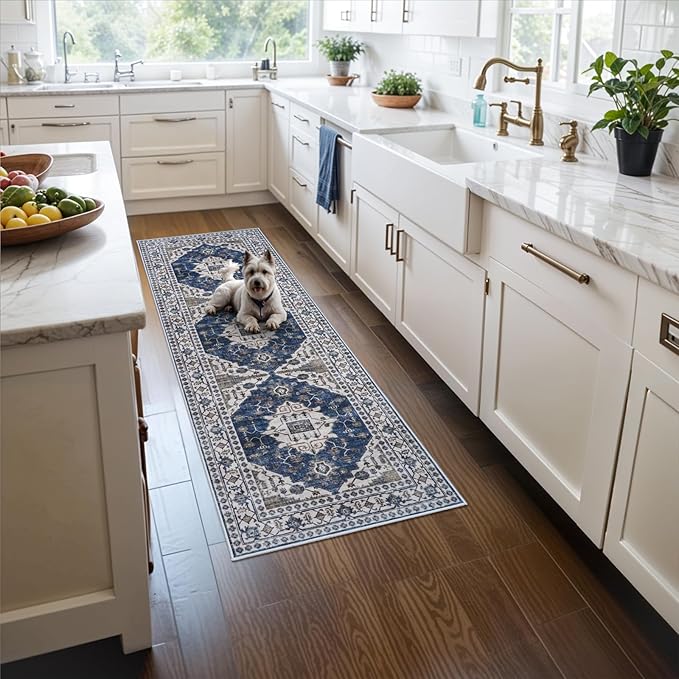 2x5 Washable Hallway Runner Rug: Indoor Farmhouse Entryway Kitchen Rugs Oriental Thin Non-Slip Water Resisitant Carpet for Bathroom Laudry Ultra Soft Floor Mat for Living Room Bedroom(2X5,Blue)