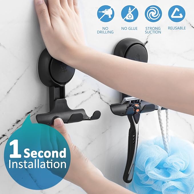 TAILI Suction Cup Razor Holder for Shower 2 Pack, Towel, Loofah, Shaver Holder for Shower Wall, Powerful Suction Cup Hooks for Inside Bathroom, Easy to Install and Reuse, Black