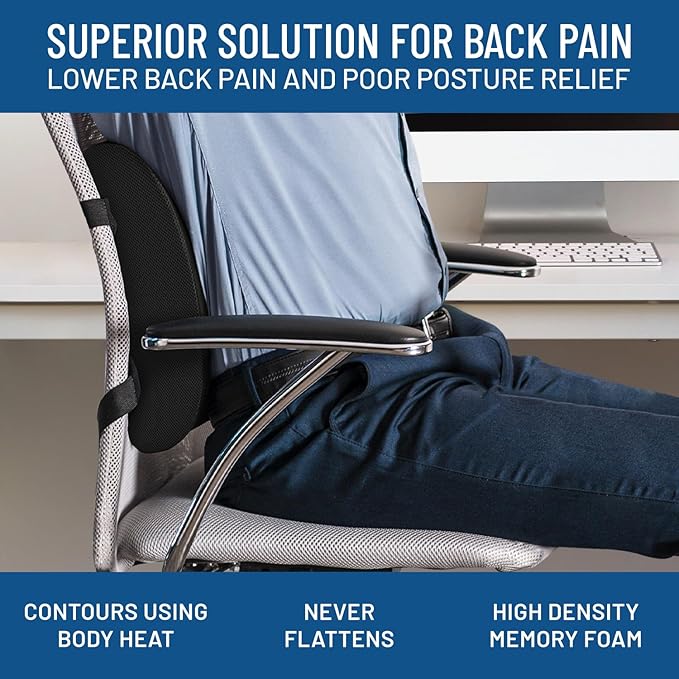 Everlasting Comfort Lumbar Support Pillow for Office Chair - Memory Foam Back Cushion for Car Seat - Promotes Better Posture, Back Pain Relief - Ideal Gaming and Desk Chairs Work and Home Essentials