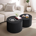 Black Round Fluted Coffee Table Set of 2 - Handcraft Embossed Design, Stylish Combination Center Drum Table for Living Room - No Assemble Needed (D-18.9IN+15IN)