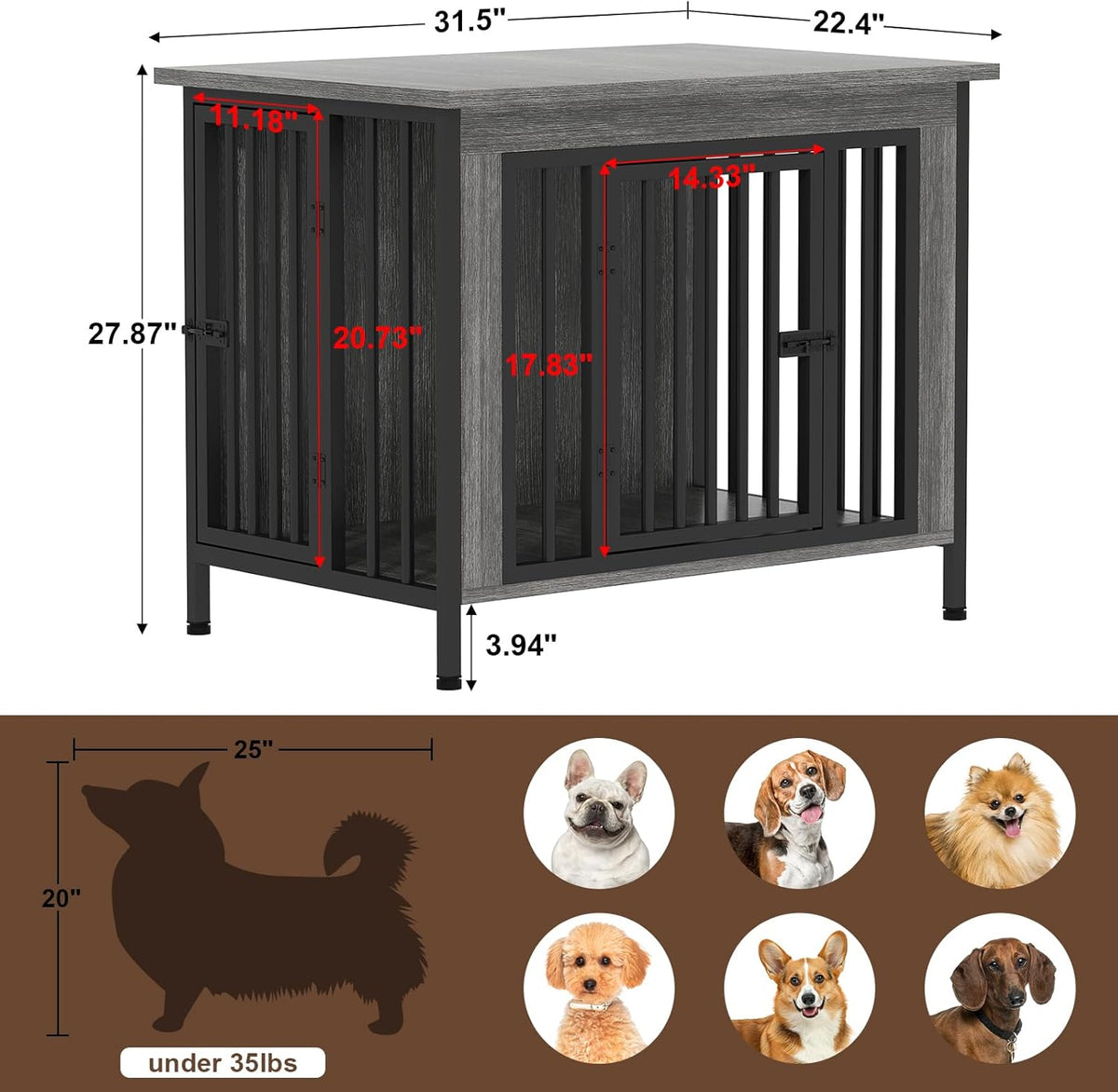 EasyCom 31.5" Small Dog Crate Furniture, Chew-Resistant Dog Crates for Small and Medium Dogs, Dog Kennel Furniture Indoor with 2 Doors and 3.94" Raised Feet, as TV Stand, End Table, Crate Table